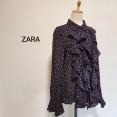 ZARA 小花柄 ラッフルフリルデザイン シフォンブラウス 黒×赤 海外M