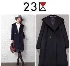 23区　大きめ　ウールアンゴラビーバーフーデットコート　40 ネイビー