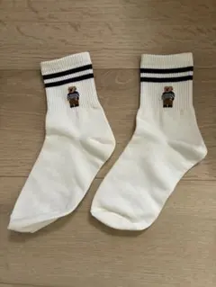 新品未使用 ストライプデザイン クマ刺繍 ホワイトソックス ベア 23㎝〜25㎝
