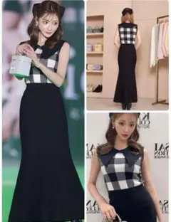 Darich ビッグカラーギンガムチェックニットロングワンピース　ダーリッチ