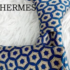 美品◎HERMES エルメス ネクタイ 幾何学模様 六角形 総柄 ネイビー