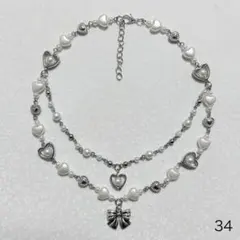 ビーズネックレス　ハート　リボン　白　フェアリーグランジ y2k ウィッシュコア