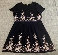 【美品☆希少46】ピンク花柄刺繍ワンピース　ローズティアラジュエル　ネイビー