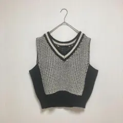 【ディスコート】Vネック ニットベスト ブラック・ホワイト レディース M 秋冬