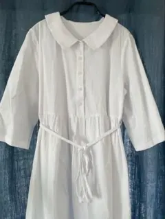 レトロ風　ホワイト シャツワンピース 七分袖