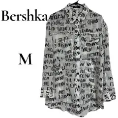Bershka ベルシュカ 英字 総柄 シアーシャツ Mサイズ モノトーン 美品