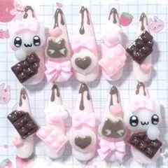 【現品】ネイルチップ 量産型 地雷系 平成女児 ピンク チョコ 猫