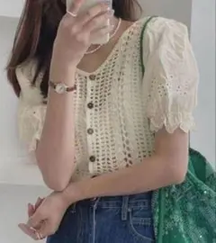 GRL、グレイル、レーススリーブVネック透かし編みニットカーディガン