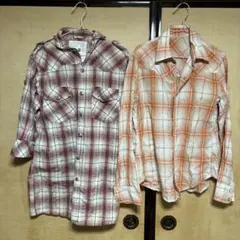 オレンジ・赤チェック 長袖シャツ Mサイズ