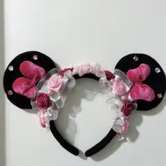 ミニーマウス耳カチューシャ フラワー装飾付き