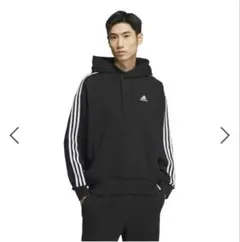 adidas スリーストライプス フレンチテリー パーカー L ブラック