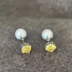 ピアス イエロー系 キュービックジルコニア＆パールキャッチセット　高輝度ファイア