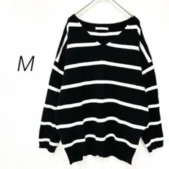 ボーダーニット M ブラック Vネック ゆったりカジュアル　春コーデ