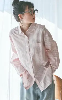 ニコアンド ポイント刺繍オックスシャツ ① ピンクストライプ