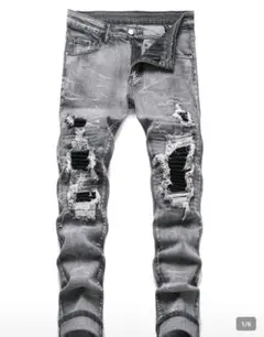 グレー スキニーデニム ダメージ加工