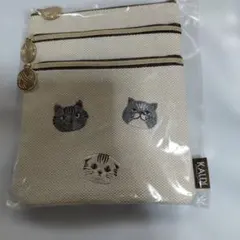 KALDI 猫刺繍ポーチ 約18×15cm
