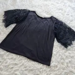 ikka イッカ 半袖 Tシャツ レース ネイビー M パフスリーブ 5分袖