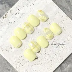 【オーダー専用】パステルイエロー フラワーネイル チェック柄 ネイルチップ