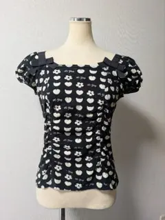 M'S GRACY エムズグレイシー リボン付き 黒 半袖 コットン Tシャツ