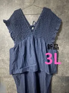 【新品】しまむらデニムペプラムシャーリングサロペット3L中紺ネイビー