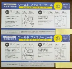 ワールド ファミリーセール 株主 招待券 2枚 東京 神戸のサムネイル