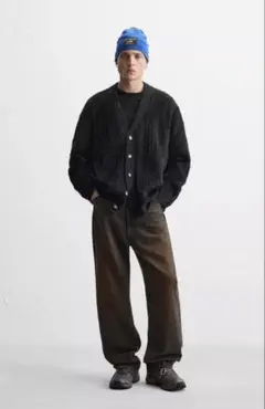 ZARA テクスチャードリブ編みカーディガン　L-XL