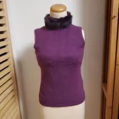 高級アンゴラ・ウール混ノースリーブニット、首元ラビットリアルファー仕上げ！