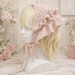 フリルたっぷりピンクのバブーシュカ｜かぎ針編み コットン ヘッドドレス