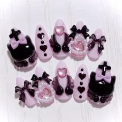 No.817　ネイルチップ 現品 量産型 地雷系 サブカル 平成女児 猫 ピンク