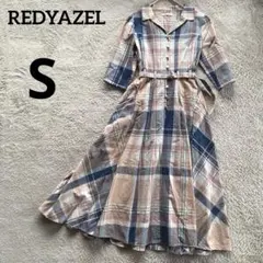 REDYAZEL チェック柄　シャツワンピース　S 麻混　ピンク　ネイビー