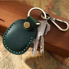 キーホルダー AirTag レザー グリーン 牛革風 エアタグ キーケース