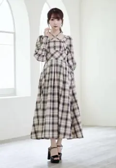 pium ピウム ヨーク切替ギャザースリーブロングワンピース チェック