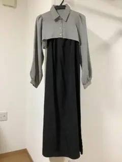 グレンチェックボレロブラウスとブラックキャミワンピース　セットアップ