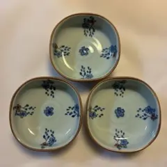 青い花柄 四角皿 3個セット