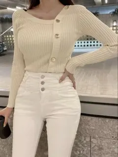 SHEIN シーイン リブニット アイボリー アプリコット 白 韓国 ワンホン