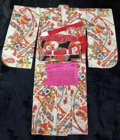 七五三　子供　着物　帯セット　アンティーク　花柄　金彩　縮緬　wk1のサムネイル
