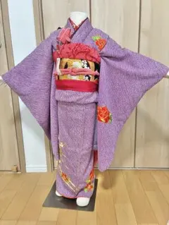 七五三 七歳女の子 着物 紫 総絞り　刺繍入り 着物セット