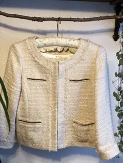 ココ風フリンジ付きツイードジャケット　アイボリー