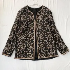 【ヒロココシノクチュール】ノーカラージャケット ゴールド刺繍ビーズ 高見え F ヒロココシノクチュール】ノーカラージャケット ゴールド刺繍ビーズ 高