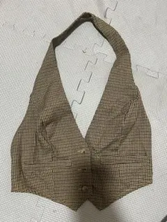 ブラウンチェック Vネックホルターネックベスト