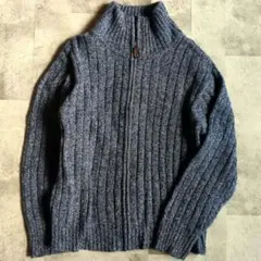 ウール100% リブニット セーター ブルー系（杢カラー）ジップアップ　M