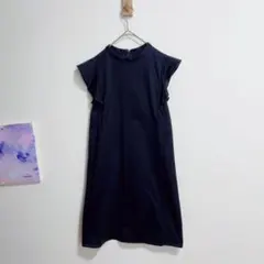 組曲　ワンピース　ストライプ　袖フリル　フリルスリーブ　膝丈　紺 おとな可愛い