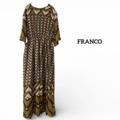 FRANCO 半袖ロングワンピース　レトロ　ブラウン幾何学模様 F