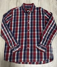 Stussy 長袖シャツ チェック 王冠 刺繍ロゴ ネイビー 折れクラウン