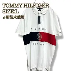 【新品】トミーヒルフィガー ポロシャツ L 白 フラッグストライプ チェストロゴ