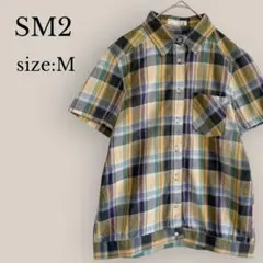 【SM2】チェックシャツ　M 半袖　カジュアル　古着　黄色　紫