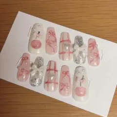 ネイルチップ ワンホン 推し活 ビジュー リボン バレエコア フレンチ