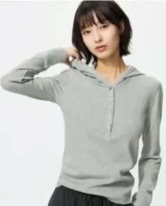 UNIQLO フーデッドリブT グレー XL