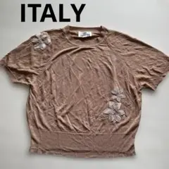 Zhen Pai ITALY 花柄刺繍 半袖Tシャツ ブラウン