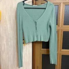 グリーンリブ編みVネックカーディガン XL